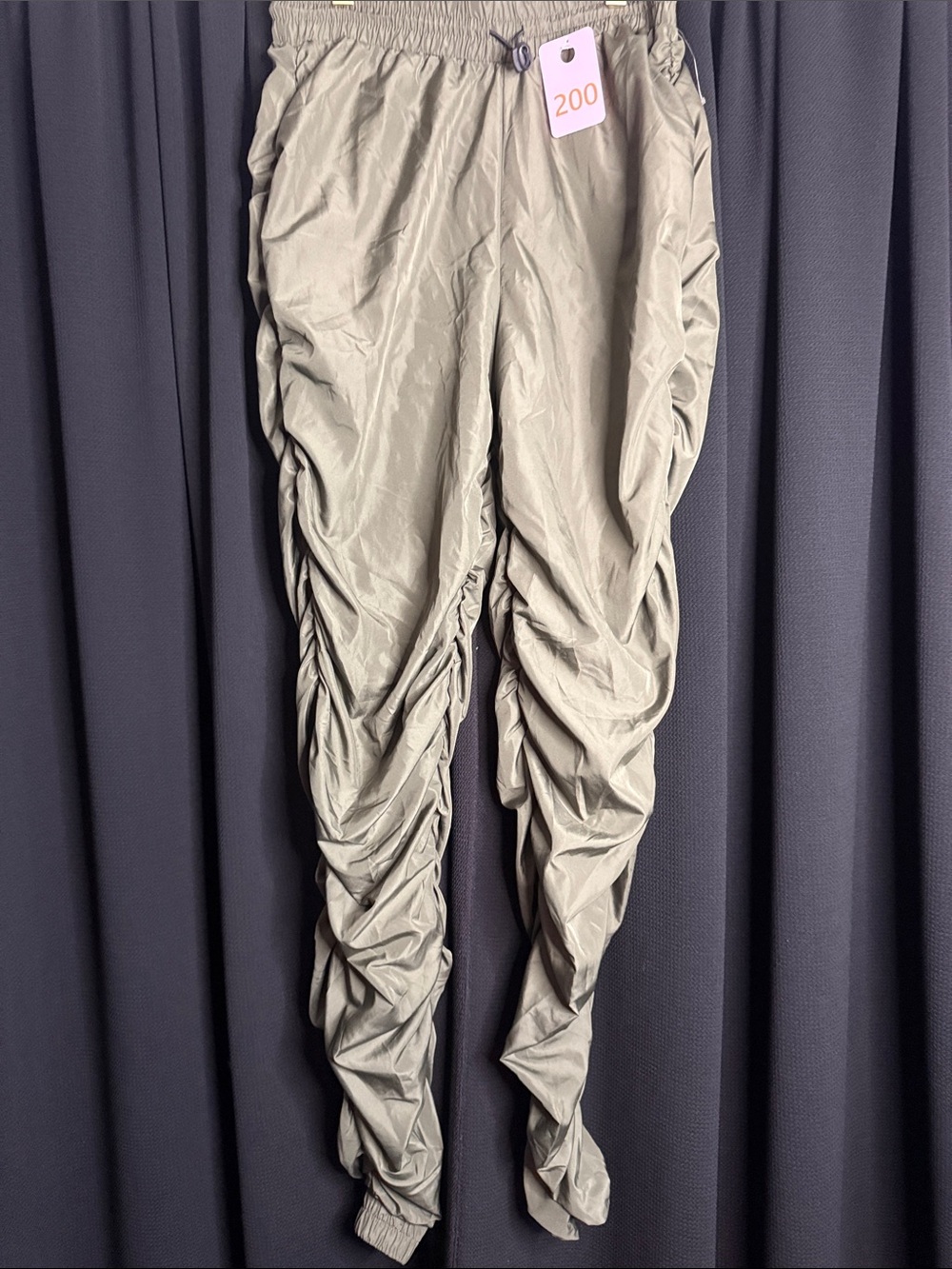 Olive Ruched Jogger Pants with Drawstring Waist